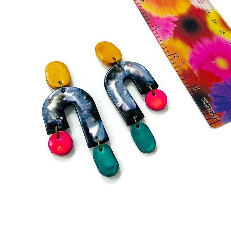 Quirky Asymmetric Clip On Earrings in Marble Black & White with Colorful Ascents - Sassy Sacha Jewelry