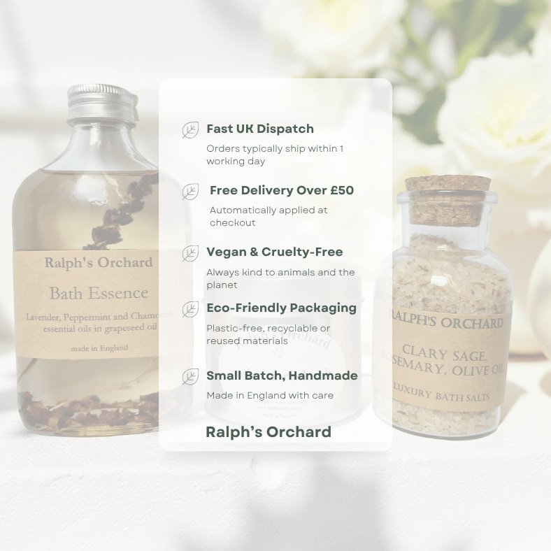 Ralph’s Orchard brand features: fast UK dispatch, free delivery over £50, vegan and cruelty-free, eco-friendly packaging, small batch handcrafted