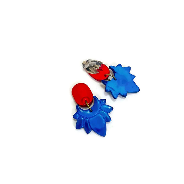 Red & Royal Blue Flower Clip On Earrings- "Daisy" - Sassy Sacha Jewelry