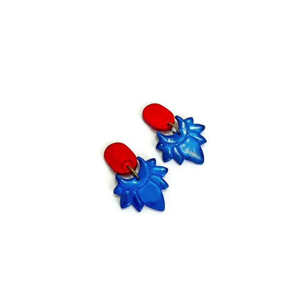 Red & Royal Blue Flower Clip On Earrings- "Daisy" - Sassy Sacha Jewelry