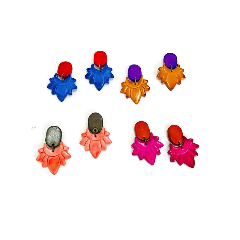 Red & Royal Blue Flower Clip On Earrings- "Daisy" - Sassy Sacha Jewelry
