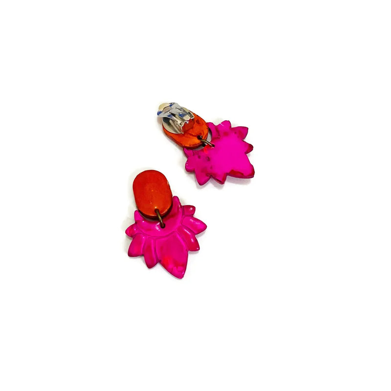 Red & Royal Blue Flower Clip On Earrings- "Daisy" - Sassy Sacha Jewelry