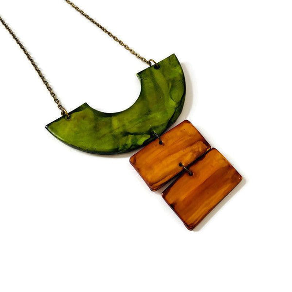 Rustic Boho Statement Necklace in Green Brown - Sassy Sacha Jewelry