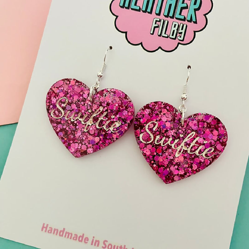 Pink Heart 'Swiftie' Glitter Earrings