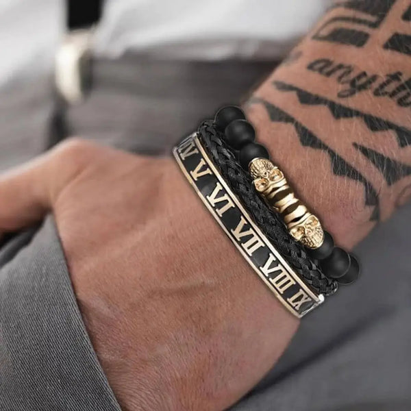 Skull Deluxe Bracelets - Roman - Black - Beaded - Bracelet - Gold
