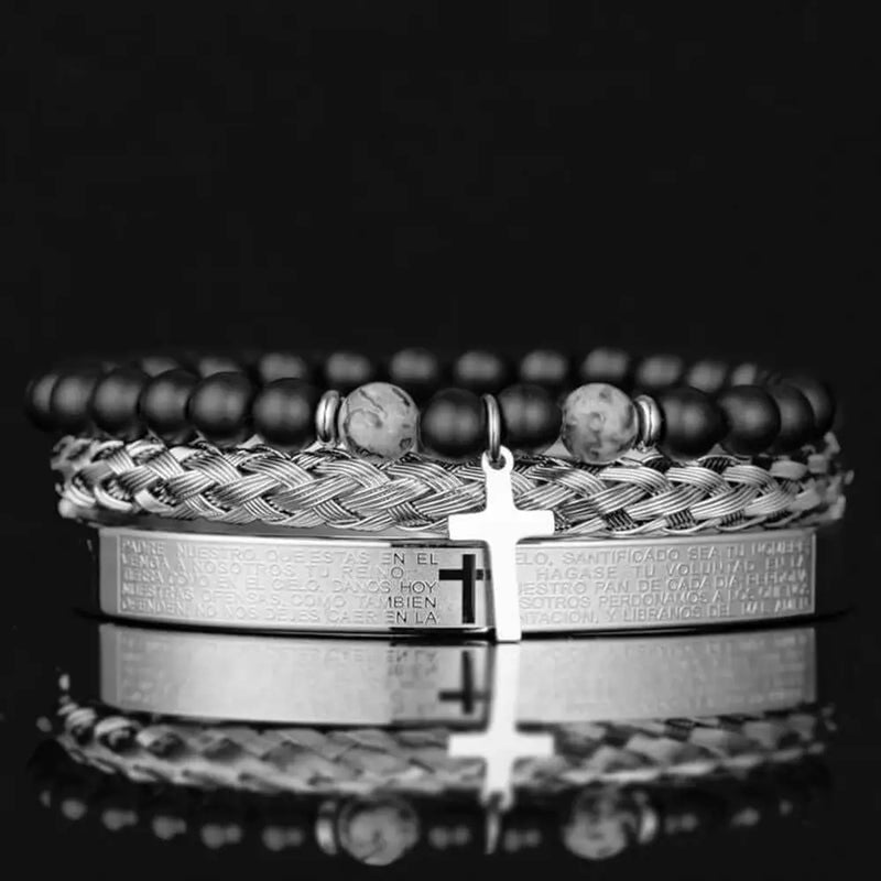 Spanish Cross With Pearl Bracelets - Bracelet - Beaded - Bangle - White - Blue