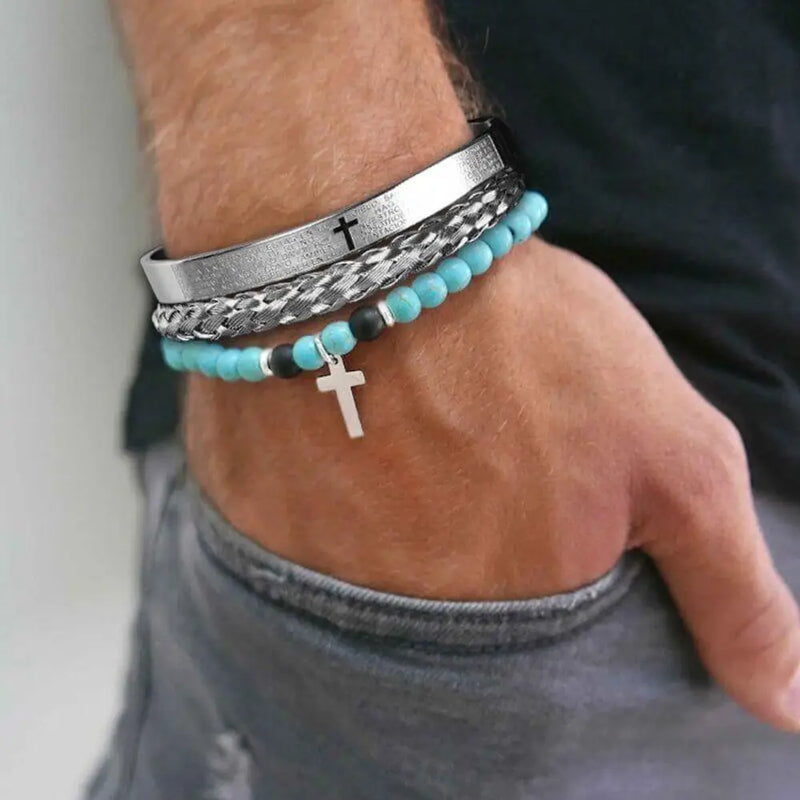 Spanish Cross With Pearl Bracelets - Bangle - Beaded - Bracelet - White - Black