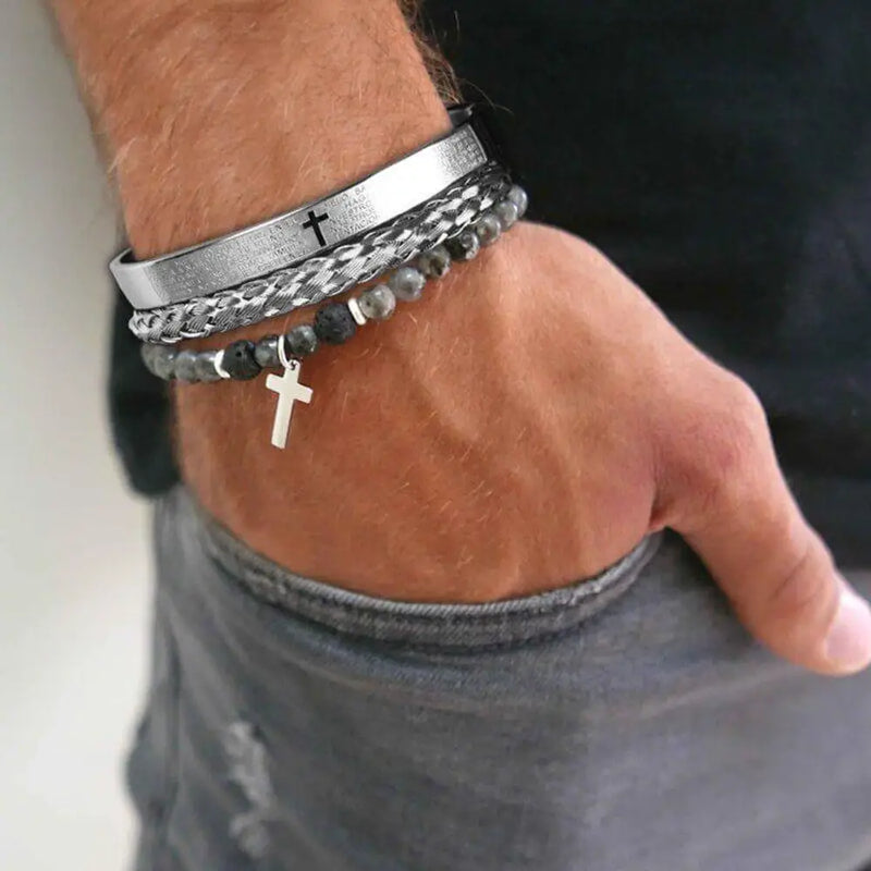 Spanish Cross With Pearl Bracelets - Cross - Bangle - Beaded - Bracelet - White
