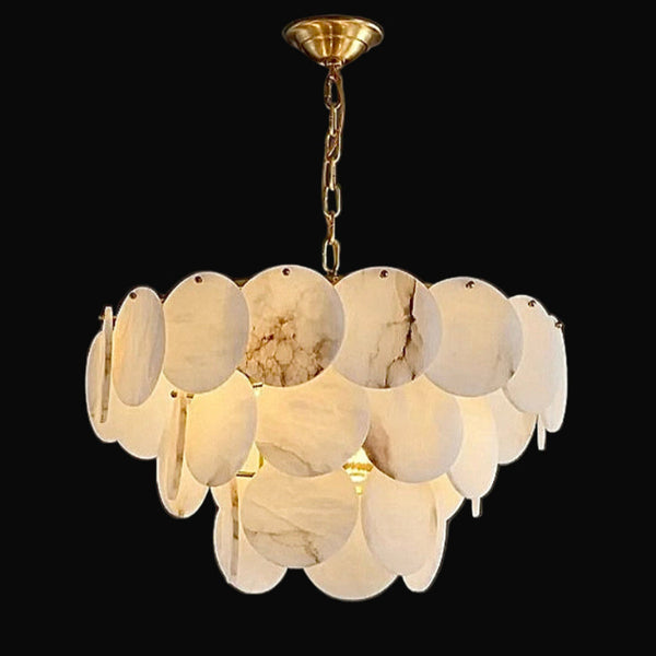 Natural Alabaster Chandelier - Modern 3-Tier Cascading Disc Gold Pendant Light for Dining Room & Foyer | LINKORI RODDLE