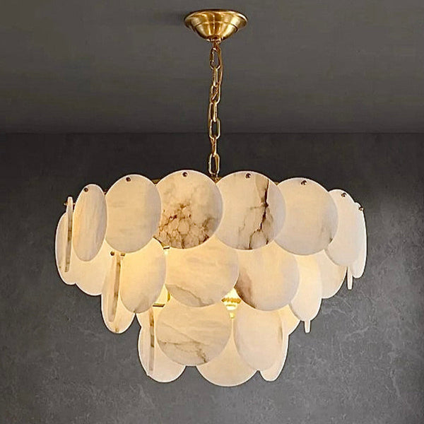 Natural Alabaster Chandelier - Modern 3-Tier Cascading Disc Gold Pendant Light for Dining Room & Foyer | LINKORI RODDLE