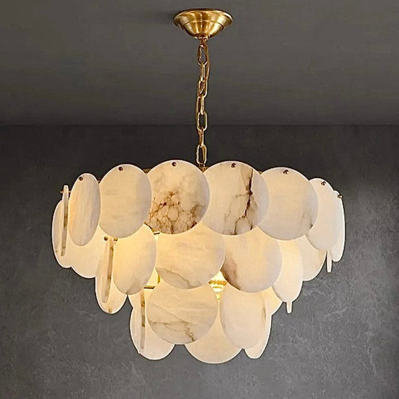Natural Alabaster Chandelier - Modern 3-Tier Cascading Disc Gold Pendant Light for Dining Room & Foyer | LINKORI RODDLE