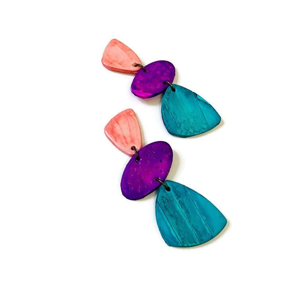 Tri Color Statement Earrings Post or Clip On- "Amy" - Sassy Sacha Jewelry