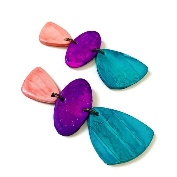 Tri Color Statement Earrings Post or Clip On- "Amy" - Sassy Sacha Jewelry
