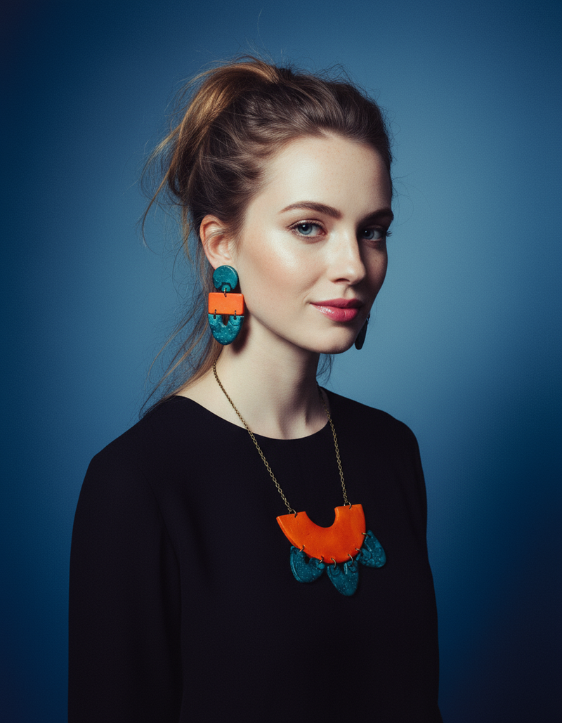 Big Statement Earring in Orange & Teal, Post or Clip On Earrings
