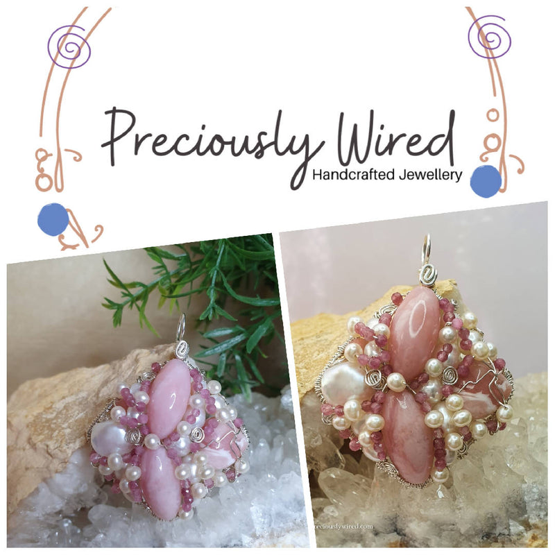 Pink Opal Tourmaline Pearl Sterling Wire Wrapped Diamond Pendant by Preciously Wired