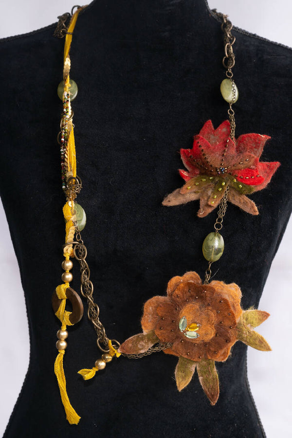 Artisan Autumn Fabric, Bead and Chain Necklace