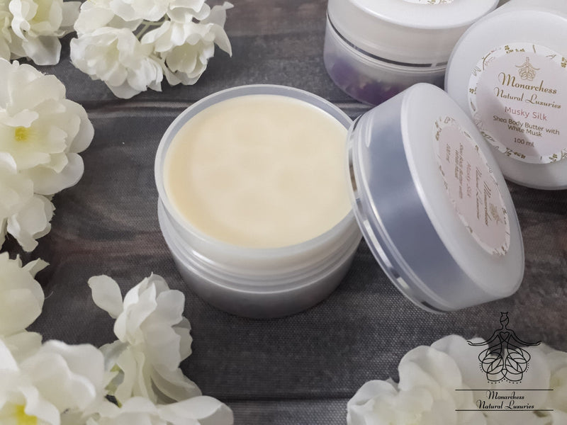 Musky Silk Body Butter. Natural body butter with shea butter, coconut oil, and musk. 100 ml. Monarchess Natural Luxuries skin care products. monarchess, Amman, Jordan