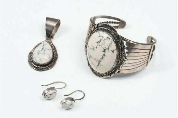 Navajo 3PC Genuine White Turquoise Sterling Silver Jewelry
