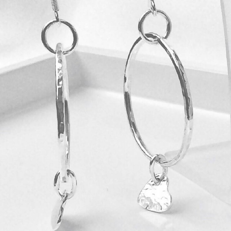 Silver Hoops with Dangly Hearts