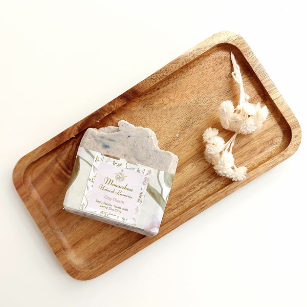 Clay Charm Soap. Moisturizing natural soap with shea butter, Dead Sea mud, and Moroccan Akr Fassi. Monarchess Natural Luxuries skincare products. Monarchess, Amman, Irbid, Jordan