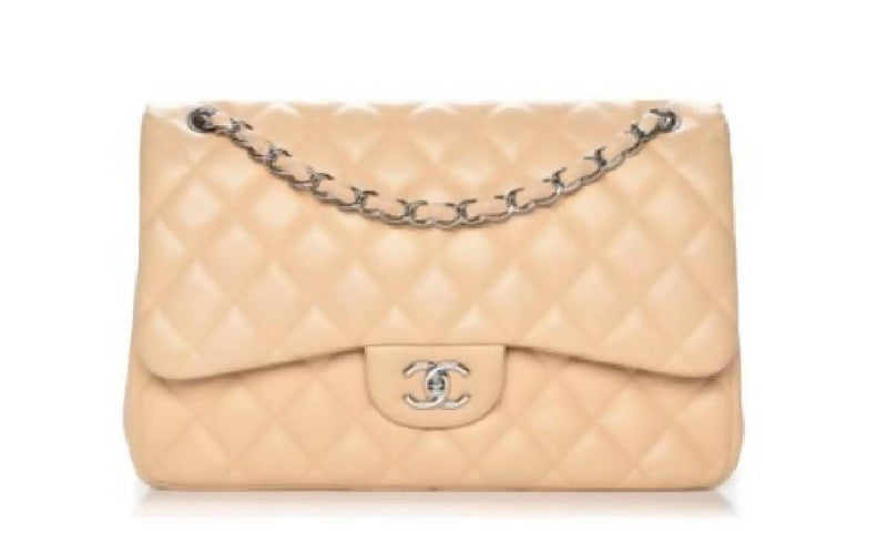 Chanel Double Flap Quilted Diamond Jumbo Beige in Lambskin with Silver-tone