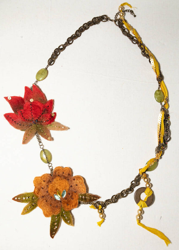 Artisan Autumn Fabric, Bead and Chain Necklace