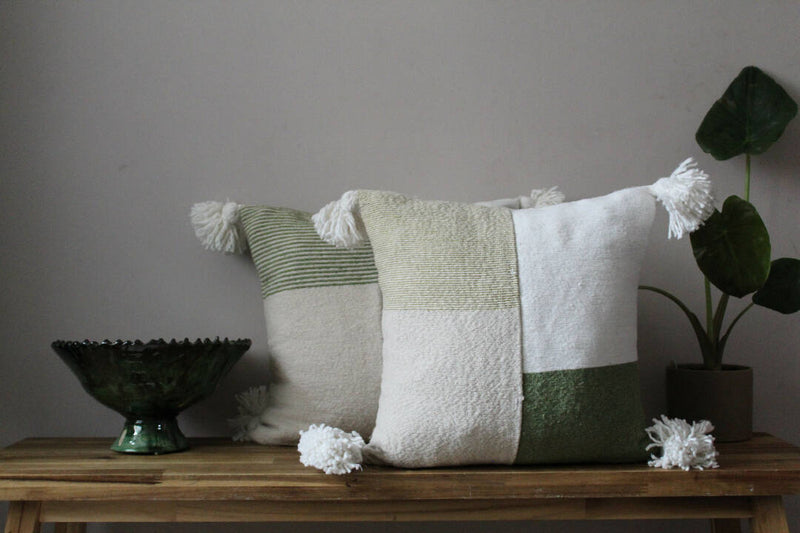 Moroccan boho style Cushion olive, white and beige.