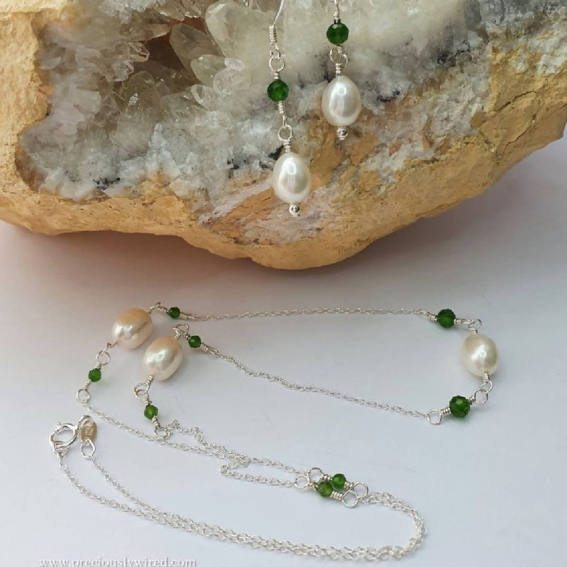 Russian Diopside Pearl Sterling Chain Necklace Earrings Setby Preciously Wired