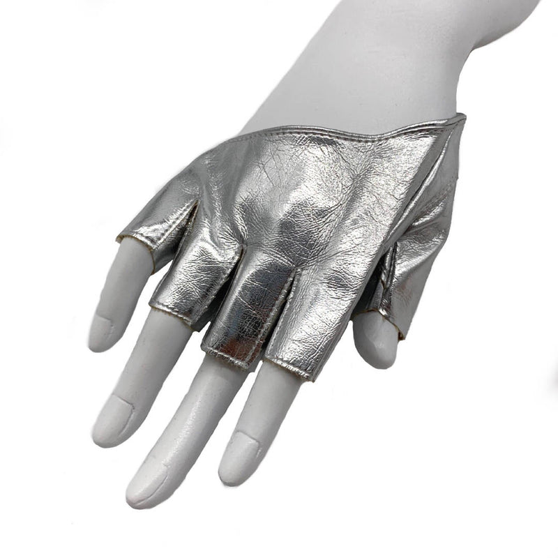 New metallic silver half finger biker style leather gloves