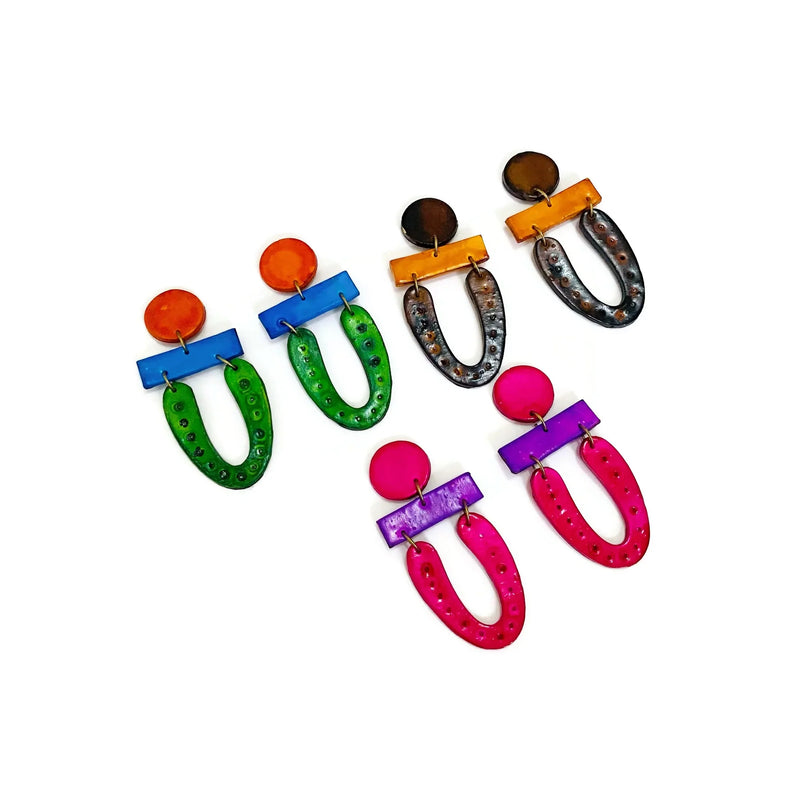 Extra Long Colorful Clip On Earrings in Green Blue Orange- "Roxy"