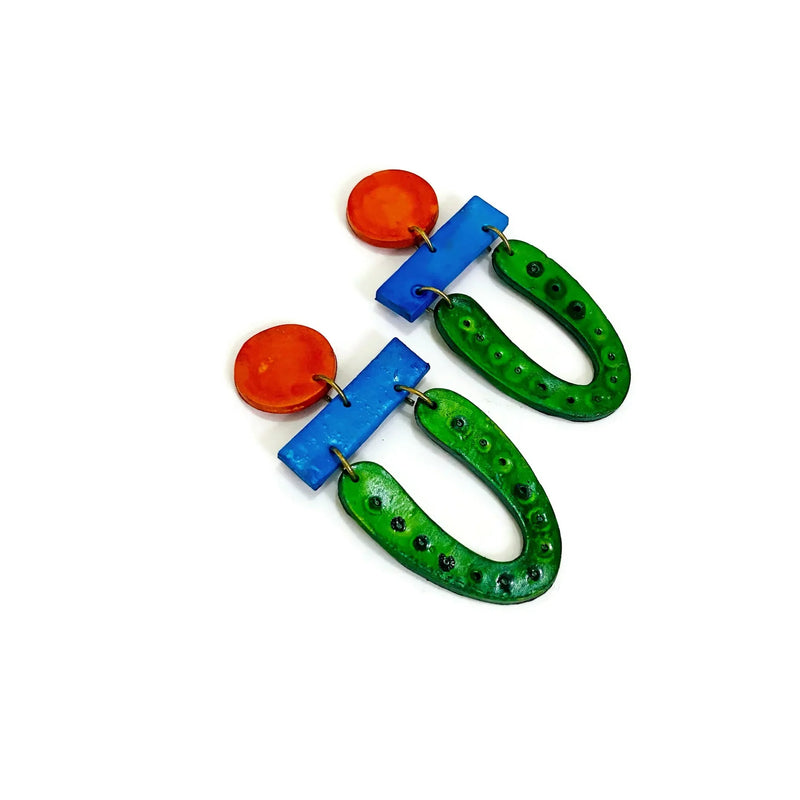 Extra Long Colorful Clip On Earrings in Green Blue Orange- "Roxy"