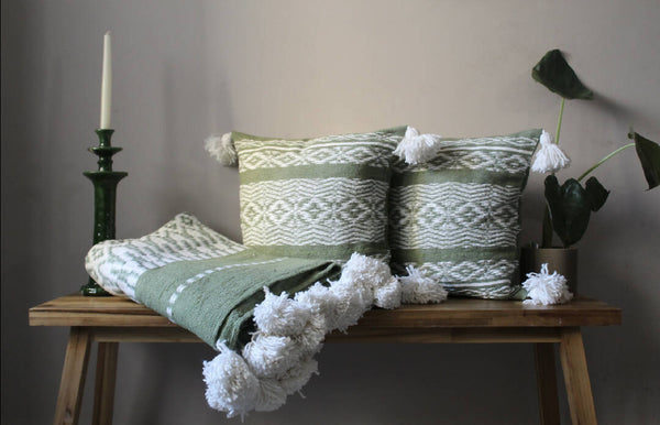 Moroccan Handwoven jacquard bed blanket olive set
