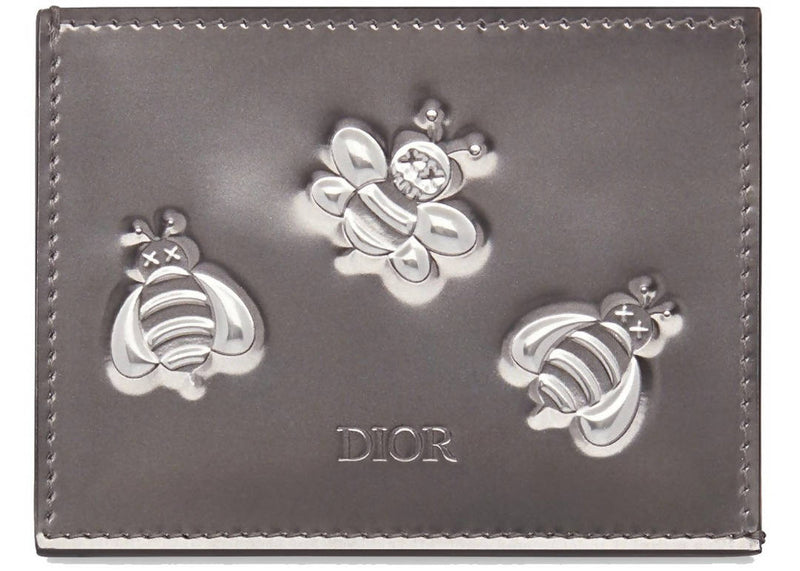 Dior x Kaws Card Holder Calfskin Bee Print Silver in Calfskin