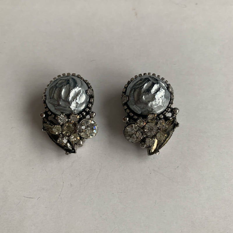 Vintage Unsigned Schiaparelli Rhinestone Grey Pearl Baroque Brooch Earrings Set