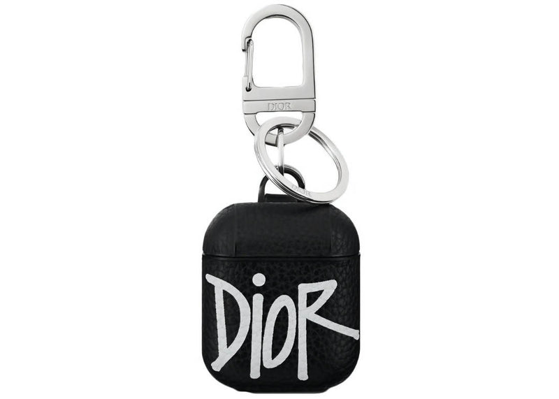Dior And Shawn Airpods Case Black in Grained Calfskin with Ruthenium-finish