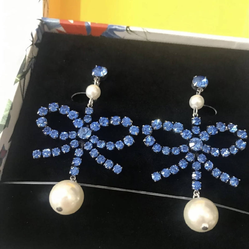 NEW Rare ERDEM x H&M Rhinestone Clip On Crystal Pearl Earrings Blue ORIGINAL BOX
