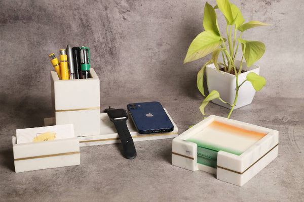 Marble Stationary Set - Pen Holder, Business Card Holder, Notepad Holder, Tray