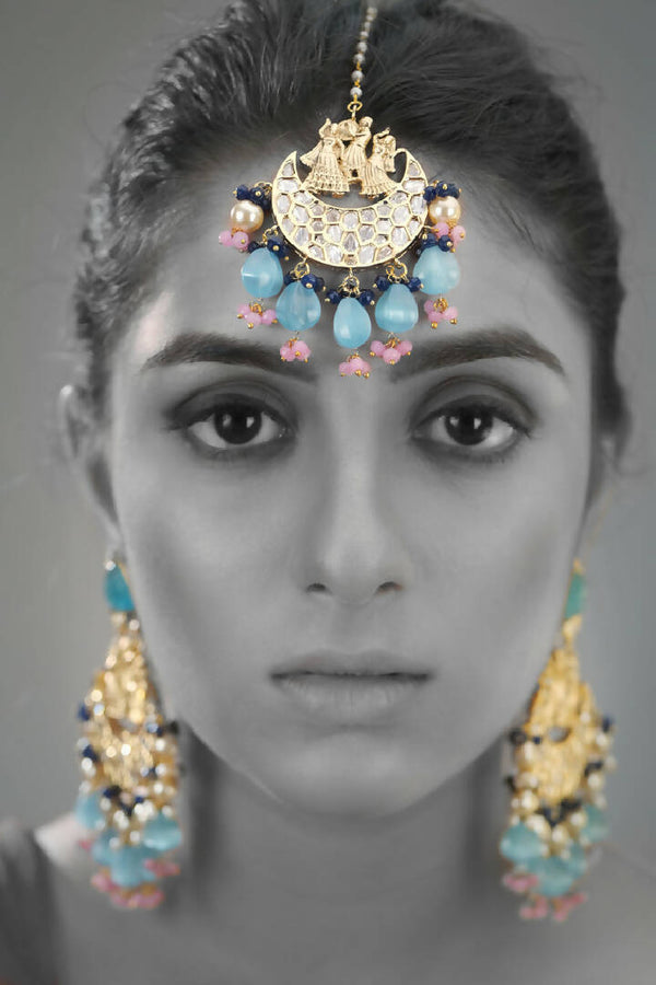 Indo Western Gold Toned Wedding / Baraati Earrings with Forehead Tikka