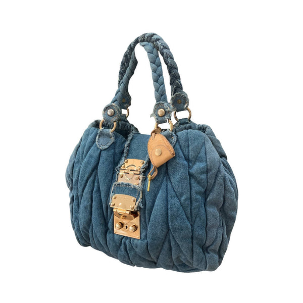 Miu Miu Blue Matelasse Denim Tote Bag Leather Pony-style calfskin Cloth  ref.223690 - Joli Closet