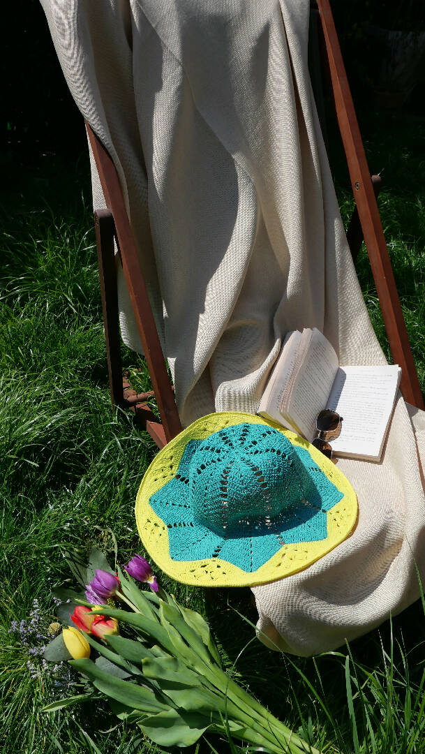 Cute summer hat, linen teal green and yellow crochet garden hat, sun protect granny beanie, summer bucket hat, bonnet cottagecore headwear