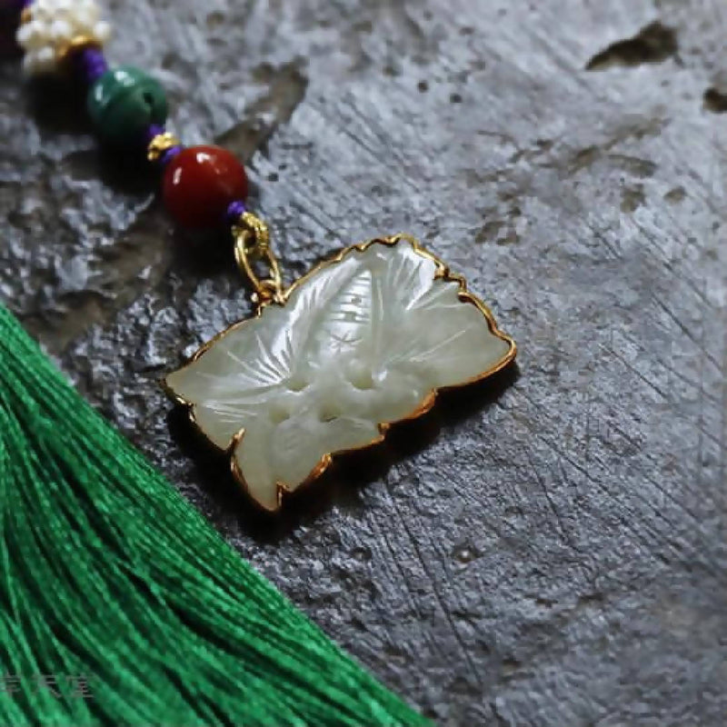 Ancient Yun Qing Dynasty Old Jade Butterfly Love Flower with Seal Green Pine and 24K Gold Red Pearl Charm Mobile Accessory
