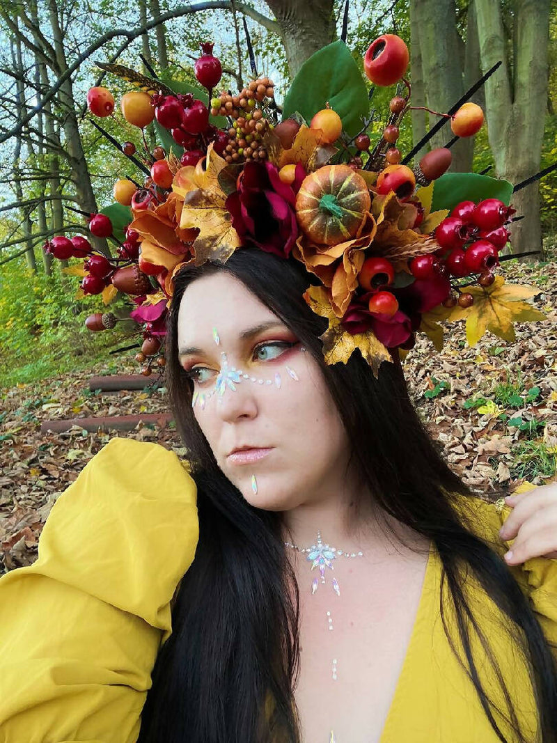 Large crown with flowers, Orange wood Halloween crown, Gothic queen headdress, Large Halloween headdress