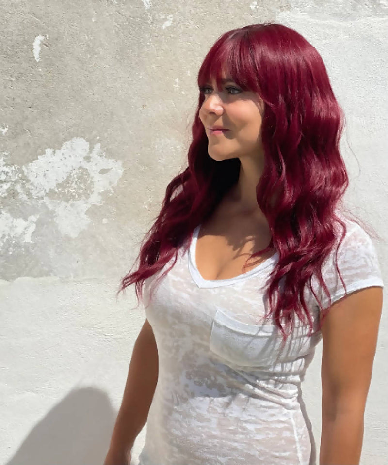 Red curly wig Ombre with Dark Roots fading down to red