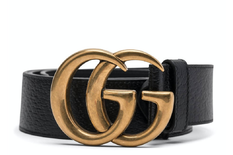 Gucci Double G Textured Leather Belt Antique Brass Buckle 1.5 Width Black