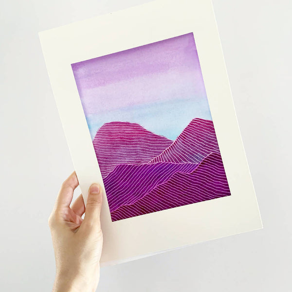 Pink Violet Blue Watercolour White Ink Mountains Painting Wall Decor in a White Wooden Frame