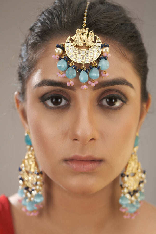 Indo Western Gold Toned Wedding / Baraati Earrings with Forehead Tikka