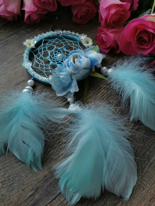 Blue small car dreamcatcher. Dream catcher boho decor with blue flowers gift mom