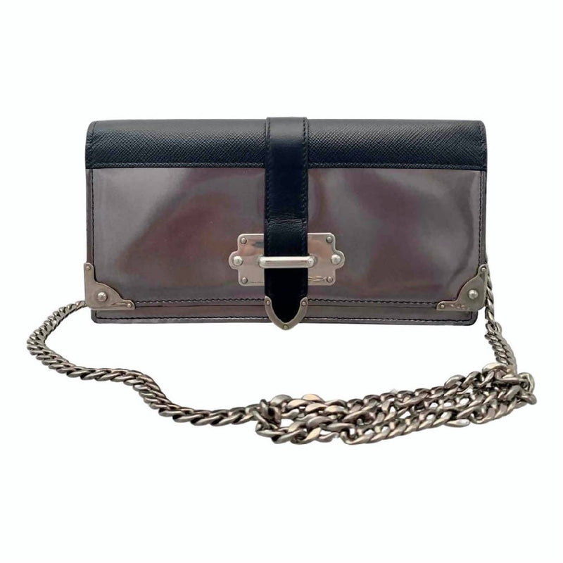 New Prada CAHIER Metallic Patent Leather crossbody evening wallet bag with chain