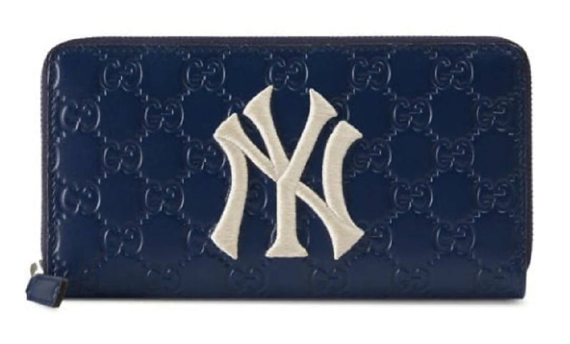 Gucci Zip Around Wallet NY Yankees Patch Royal Blue in Leather with Silver-tone