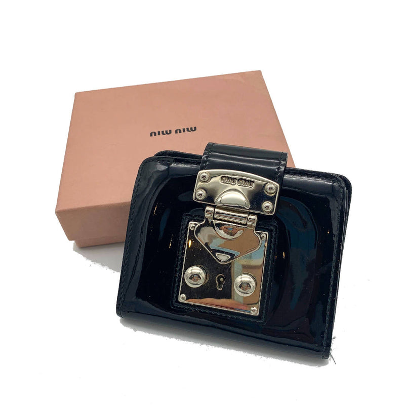 Vintage Miu Miu black patent leather wallet with silver lock closure, with original box and keys
